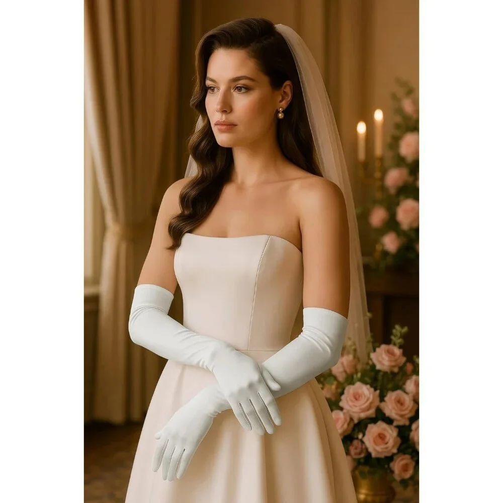 Women's Off-White Vintage Satin Long Gloves Party Costume Stretchy Elbow Length
